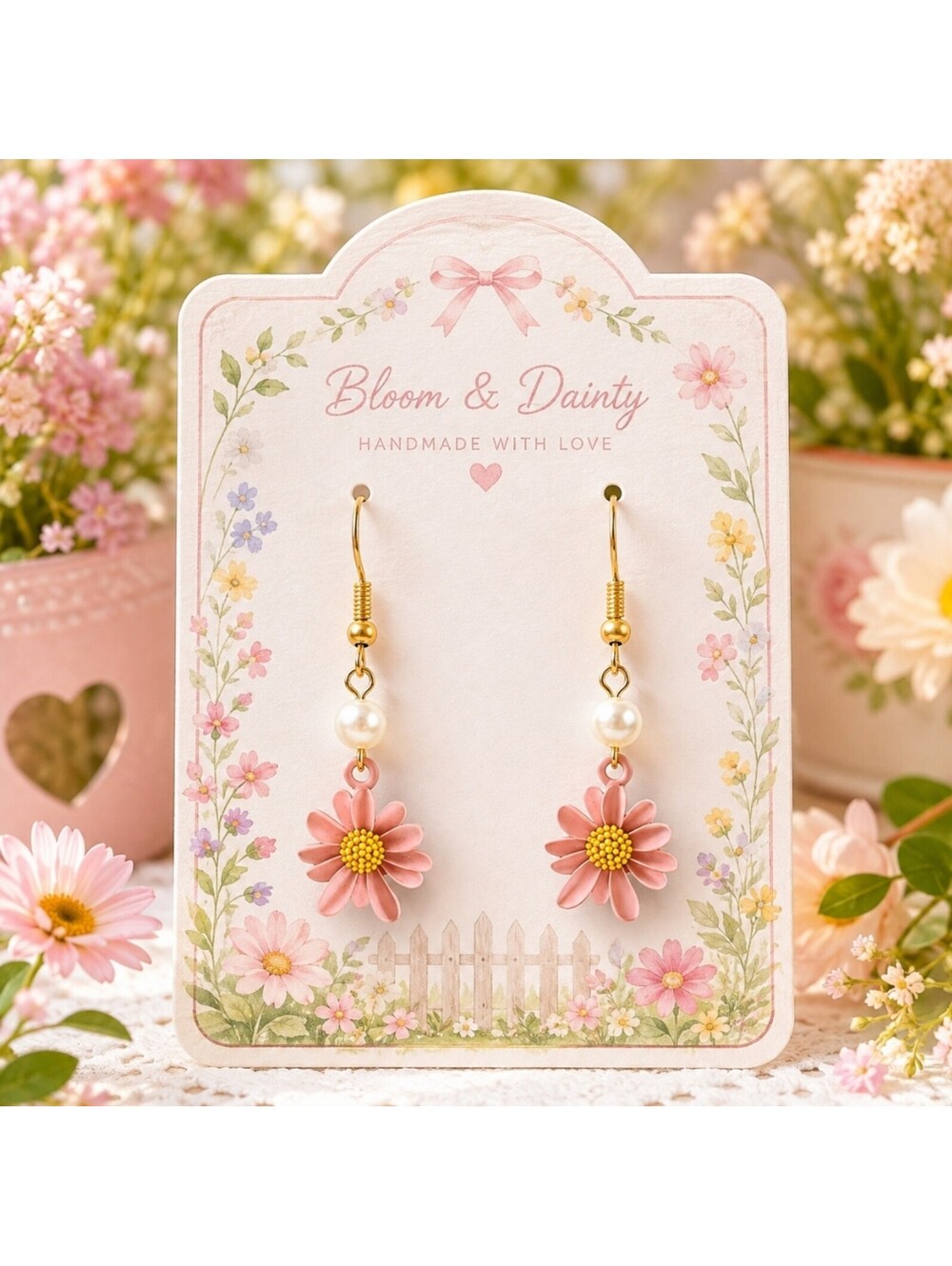 Spring Pink Love Daisies & Pearls Hypoallergenic Dangle Earrings